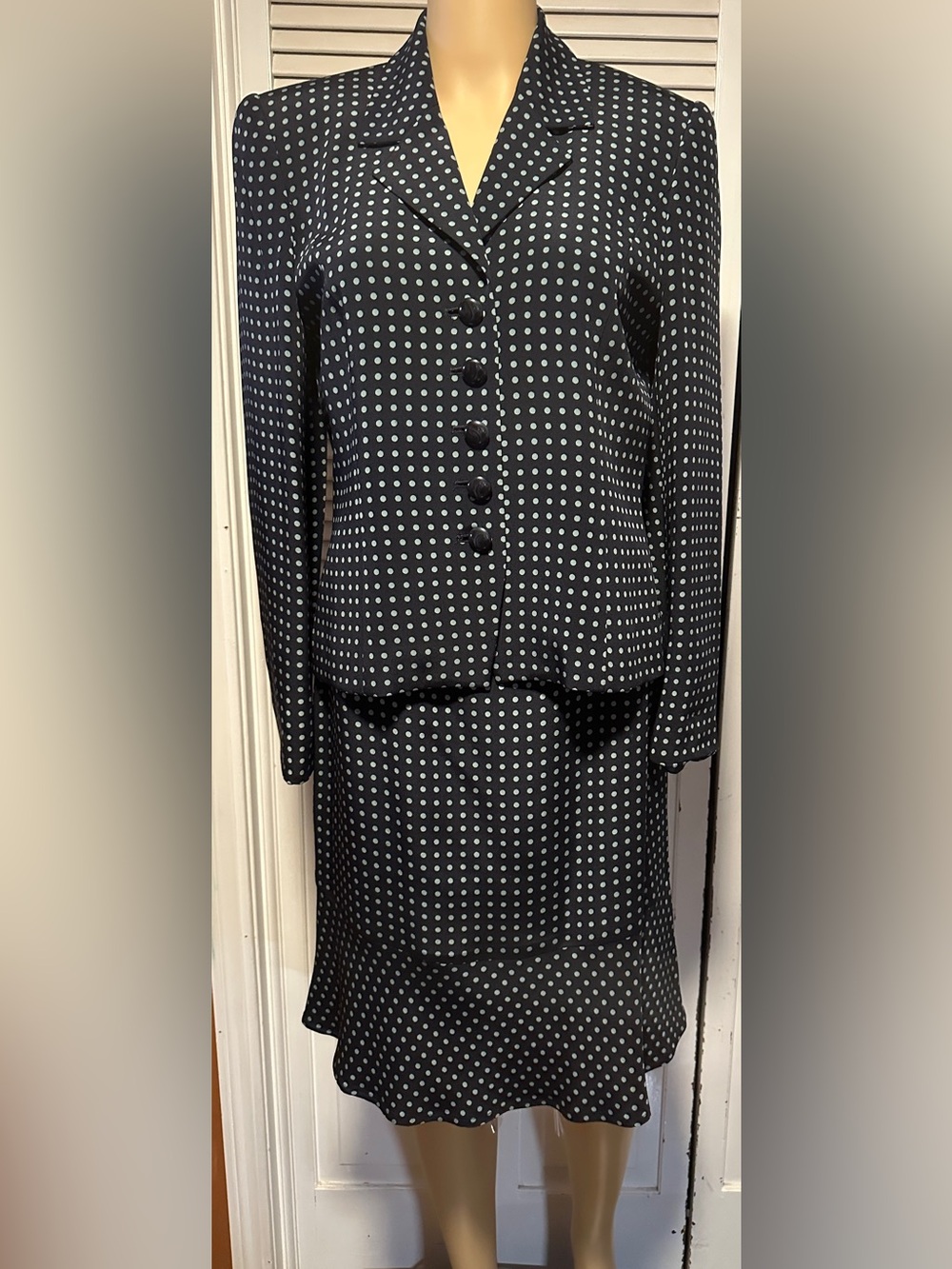 Gruppo Americano 100% Silk Skirt Blazer Suit Outfit Polka Dot Blue 6